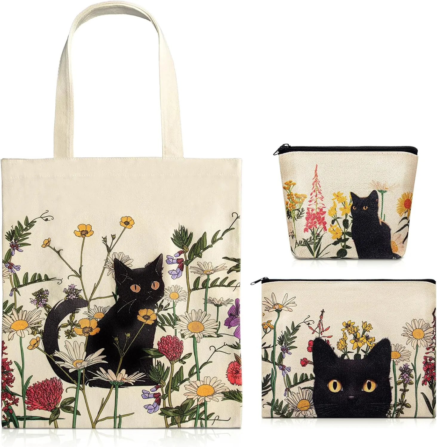 3 Pcs Black Cat Canvas Tote Bag Makeup Coin Purse Set Mother's Day Reusable Grocery Canvas Shopping Cute Cosmetic Bag Aesthetic Portable Zipper Pouch Gift for Mom Cat Lovers Women Teacher