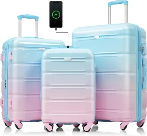 3-Piece Hardshell Luggage Set with USB Port Carry-On Suitcases, Durable ABS PC Construction, 360 Spinner Wheels & TSA Lock for Men & Women (light blue and pink)