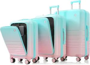 3-Piece Luggage Set with USB Ports for Easy Travel, Durable ABS PC Hard Shell, Front Opening Design, Light Blue