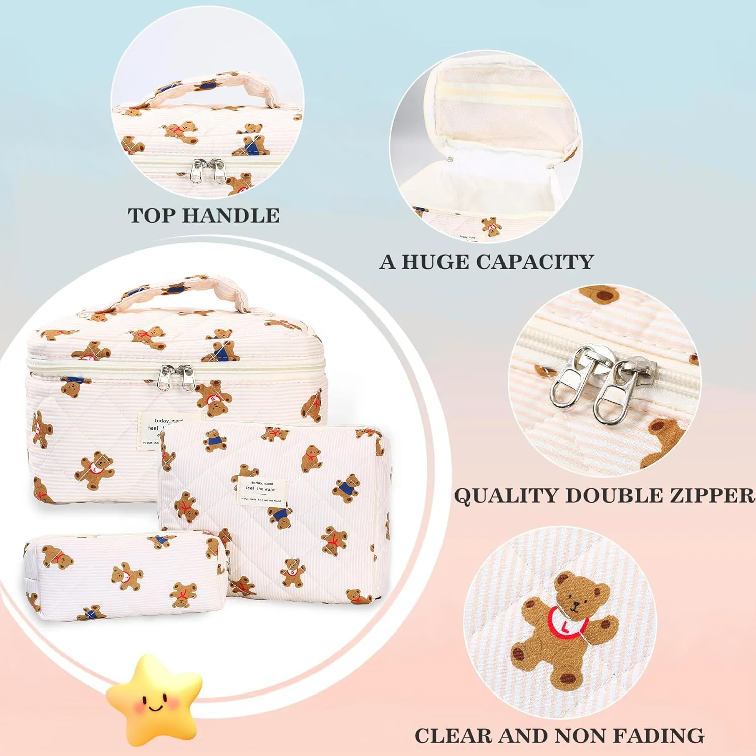3Pcs Quilted Makeup Bag - Cotton Large Floral Makeup Bag, Travel Cosmetic Bag Cute Flower Aesthetic Floral Toiletry Organizer Bag Set for Women (09Off White-Bear)