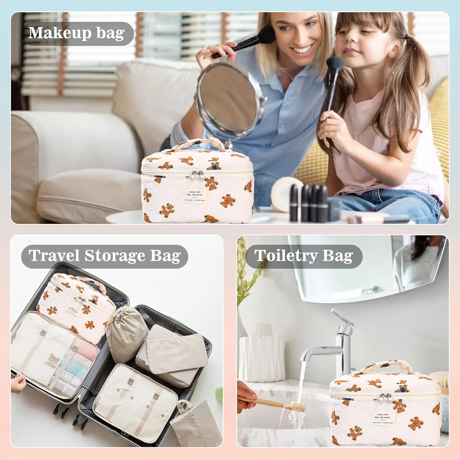 3Pcs Quilted Makeup Bag - Cotton Large Floral Makeup Bag, Travel Cosmetic Bag Cute Flower Aesthetic Floral Toiletry Organizer Bag Set for Women (09Off White-Bear)