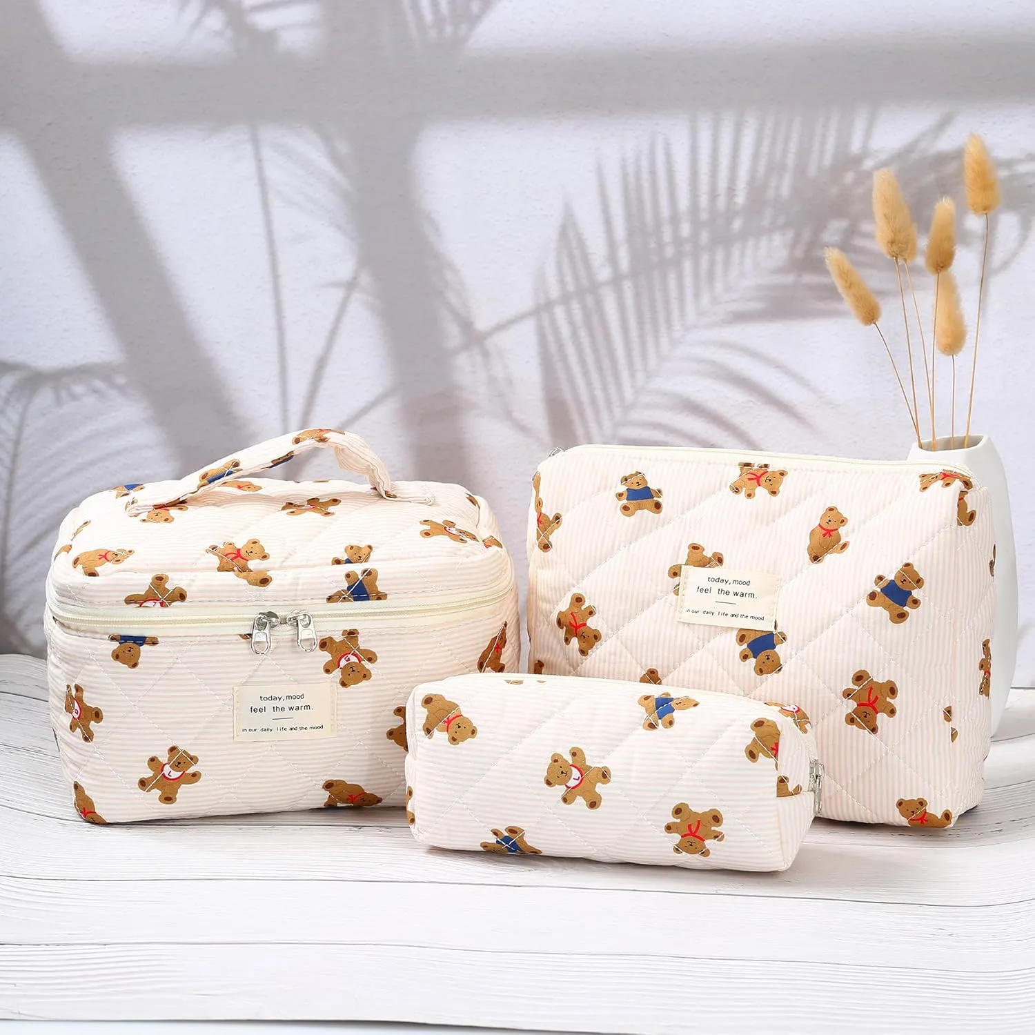 3Pcs Quilted Makeup Bag - Cotton Large Floral Makeup Bag, Travel Cosmetic Bag Cute Flower Aesthetic Floral Toiletry Organizer Bag Set for Women (09Off White-Bear)
