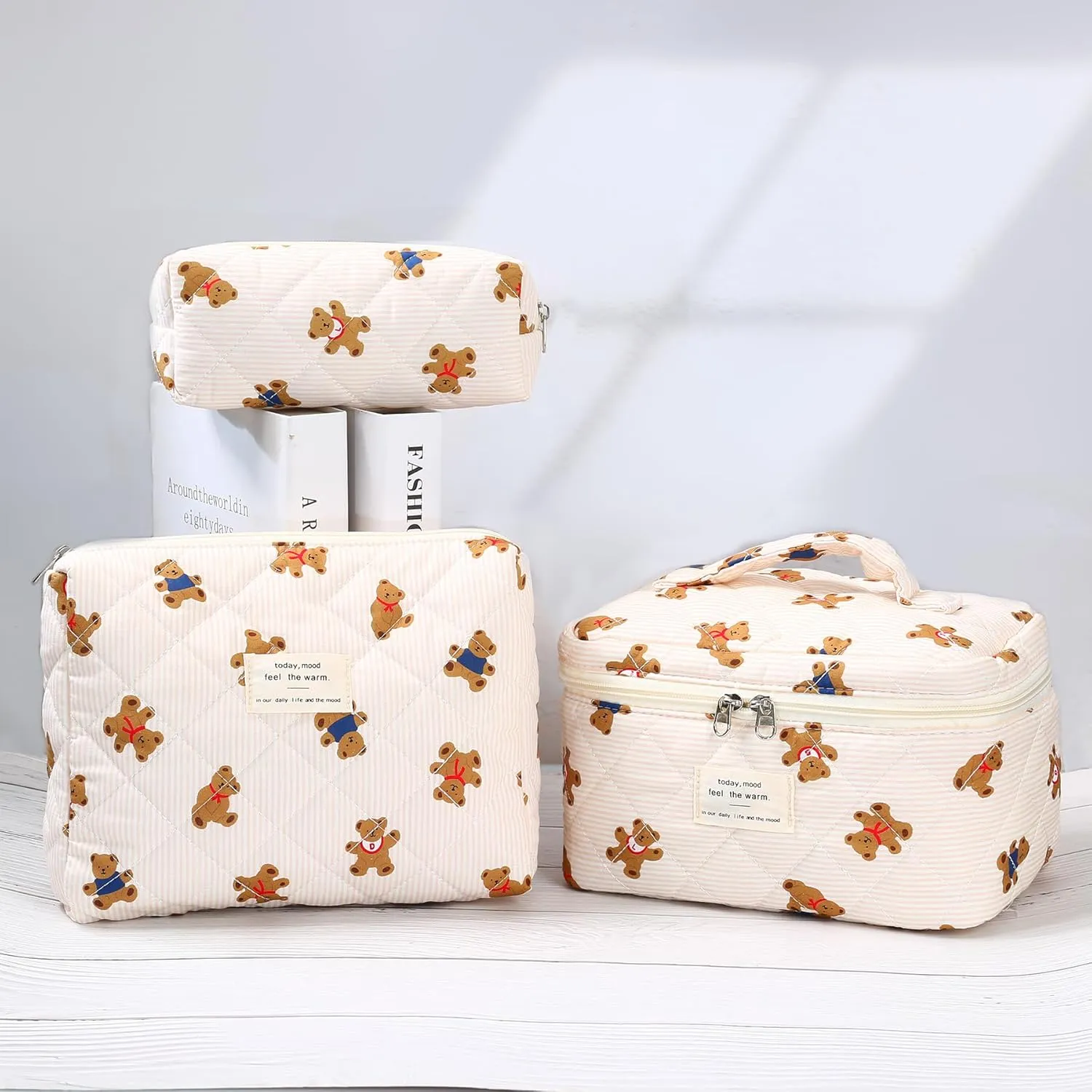 3Pcs Quilted Makeup Bag - Cotton Large Floral Makeup Bag, Travel Cosmetic Bag Cute Flower Aesthetic Floral Toiletry Organizer Bag Set for Women (09Off White-Bear)