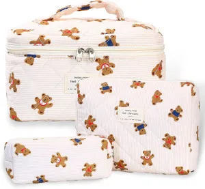 3Pcs Quilted Makeup Bag - Cotton Large Floral Makeup Bag, Travel Cosmetic Bag Cute Flower Aesthetic Floral Toiletry Organizer Bag Set for Women (09Off White-Bear)