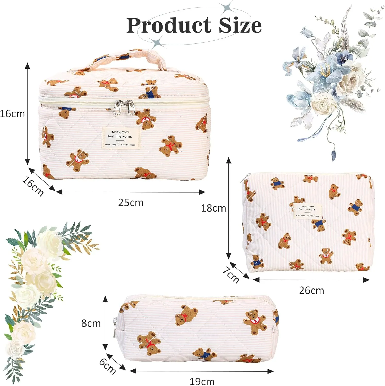 3Pcs Quilted Makeup Bag - Cotton Large Floral Makeup Bag, Travel Cosmetic Bag Cute Flower Aesthetic Floral Toiletry Organizer Bag Set for Women (09Off White-Bear)