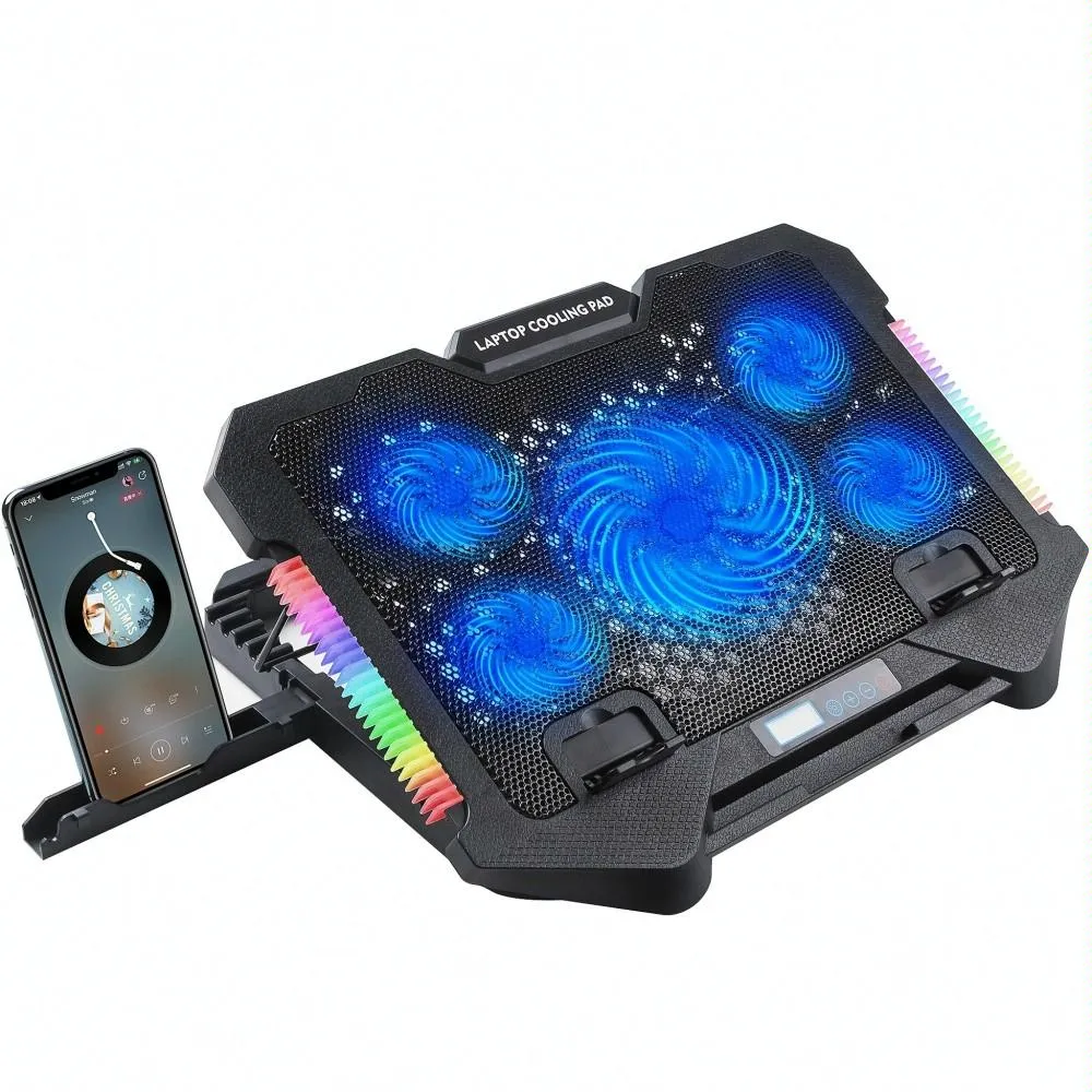 5-fan Laptop Cooling Pad with Adjustable Stand and Phone Holder
