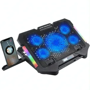 5-fan Laptop Cooling Pad with Adjustable Stand and Phone Holder