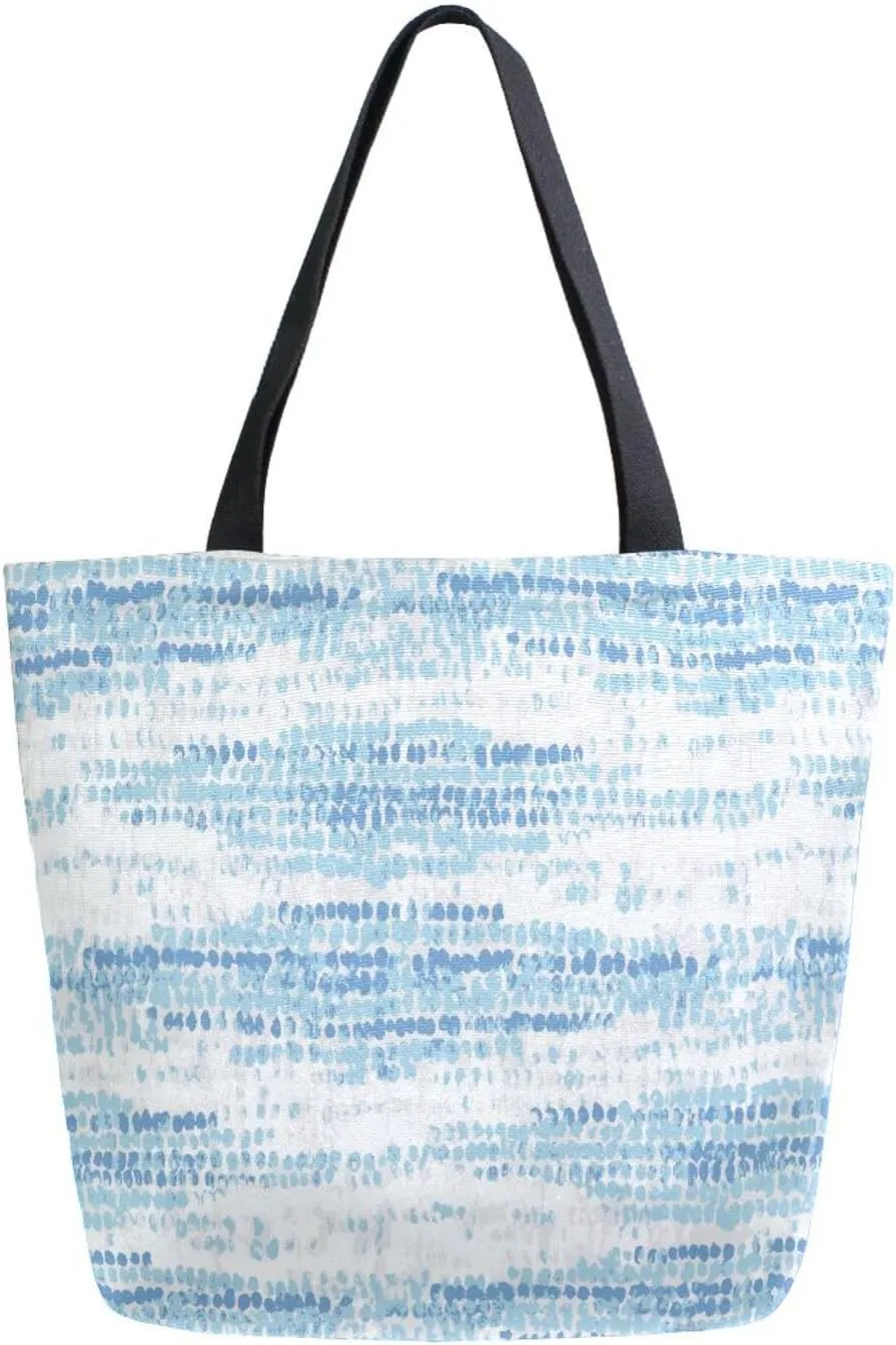 Abstract Light Blue and White Dot Canvas Tote Bag for Women with Zipper Pocket Reusable Grocery Shopping Bags Large Travel Shoulder Bag Handbag Bags