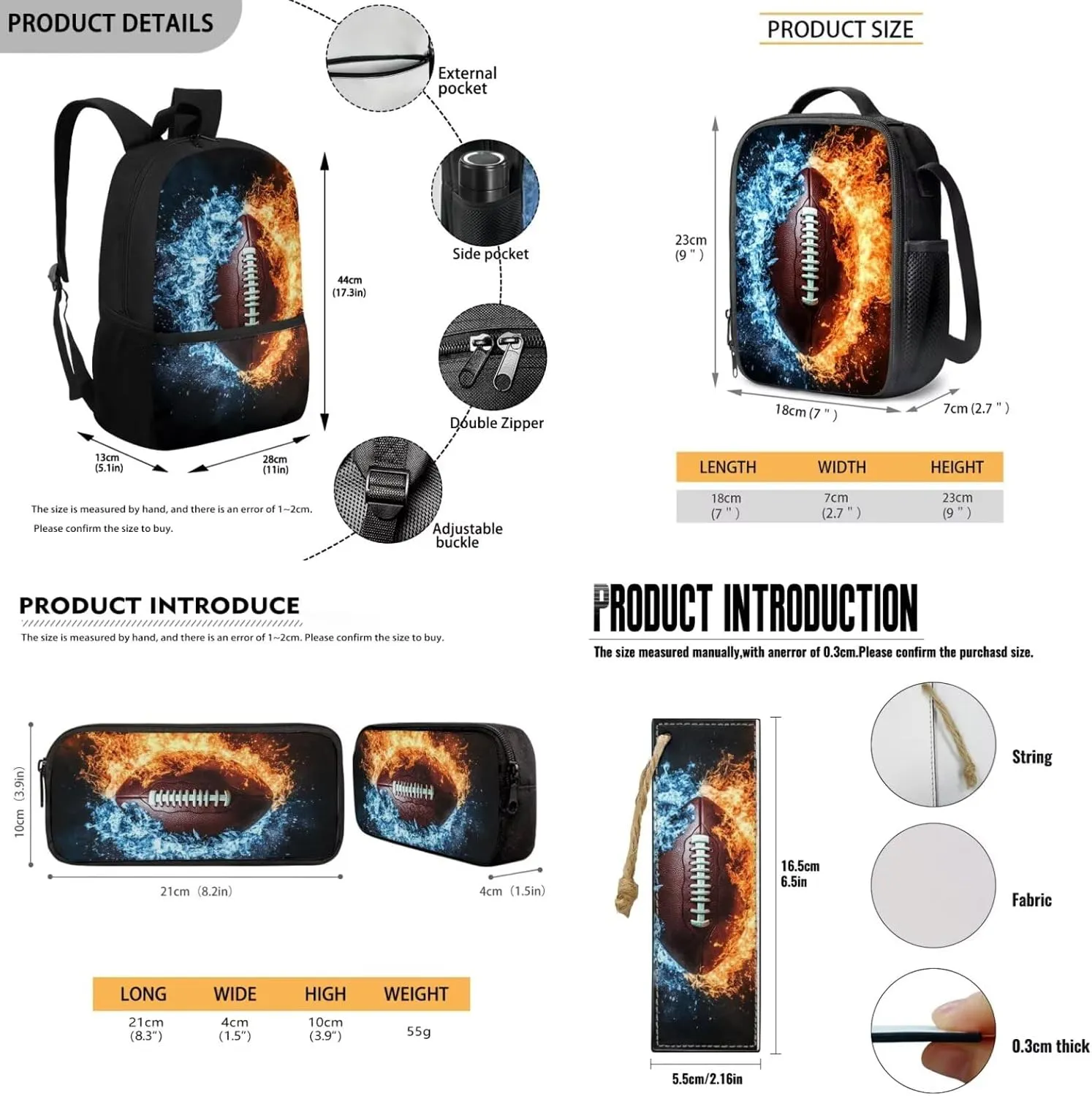 Ameria Football Backpack for School Kids Boys 8-9 Lightweight Boys School Bag with Lunch Bag 4 in 1 Cool Bookbag with Front Pocket Versatile Lunch Bag with Handle