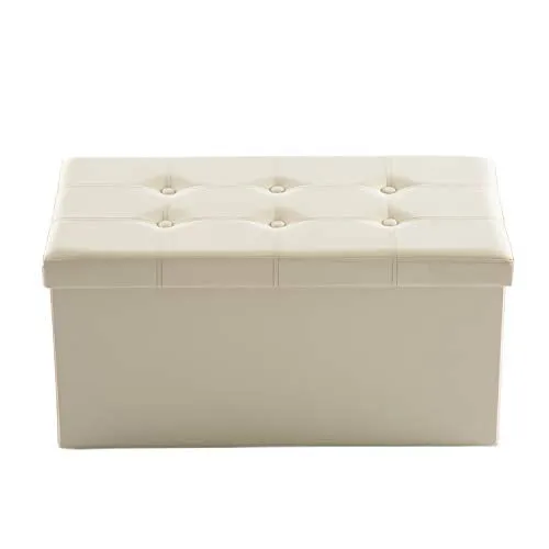 AuAg Folding Storage Ottoman Bench Faux Leather Toy Box/Chest Window Padded Seat Foot Rest Storage Easy to Assemble (Beige, 30")