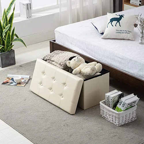 AuAg Folding Storage Ottoman Bench Faux Leather Toy Box/Chest Window Padded Seat Foot Rest Storage Easy to Assemble (Beige, 30")