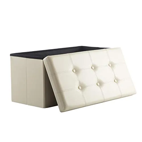 AuAg Folding Storage Ottoman Bench Faux Leather Toy Box/Chest Window Padded Seat Foot Rest Storage Easy to Assemble (Beige, 30")