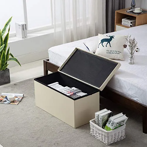AuAg Folding Storage Ottoman Bench Faux Leather Toy Box/Chest Window Padded Seat Foot Rest Storage Easy to Assemble (Beige, 30")