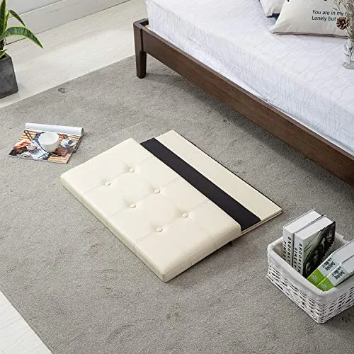 AuAg Folding Storage Ottoman Bench Faux Leather Toy Box/Chest Window Padded Seat Foot Rest Storage Easy to Assemble (Beige, 30")