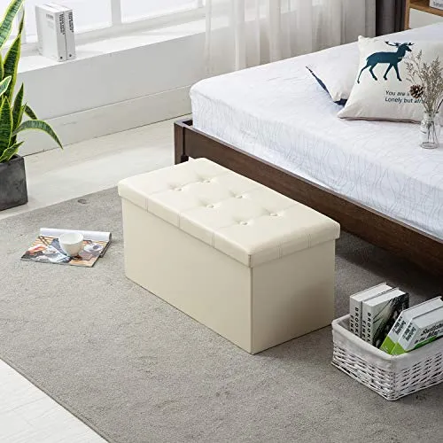 AuAg Folding Storage Ottoman Bench Faux Leather Toy Box/Chest Window Padded Seat Foot Rest Storage Easy to Assemble (Beige, 30")