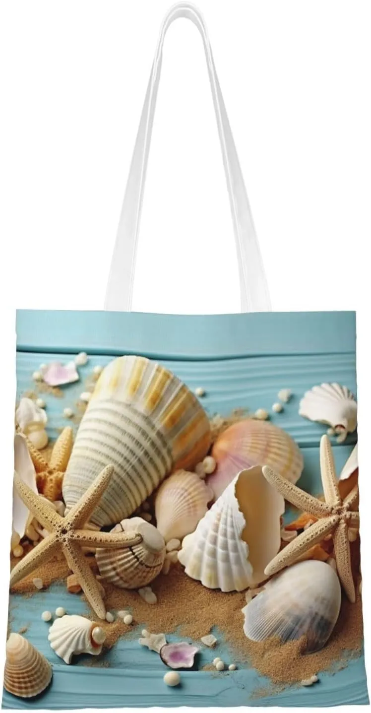 Beach Theme Seashells Print Canvas Tote Bags Stylish Shoulder Bag Reusable Shopping Bag Small Handbags For Women Men