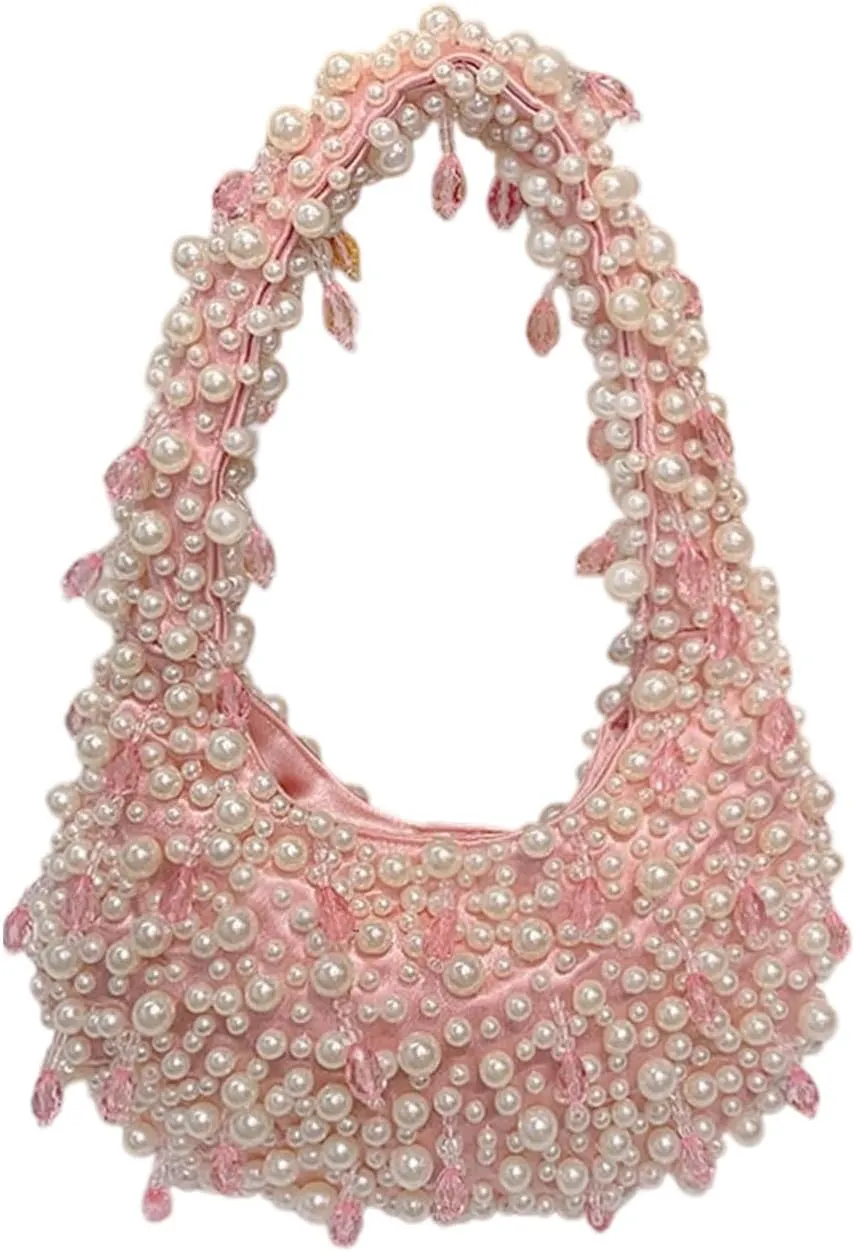 Beaded Pearl Shoulder Bags for Women White Purse Summer Beaded Bag Handmade Hobo Handbag Evening Purse