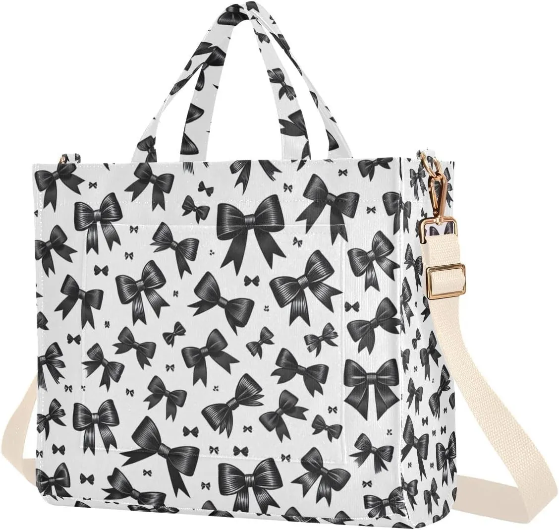 Black Bows Corduroy Tote Bag for Women Hobo Crossbody Bag Purse Stylish Shoulder Handbag Messenger Bags, S