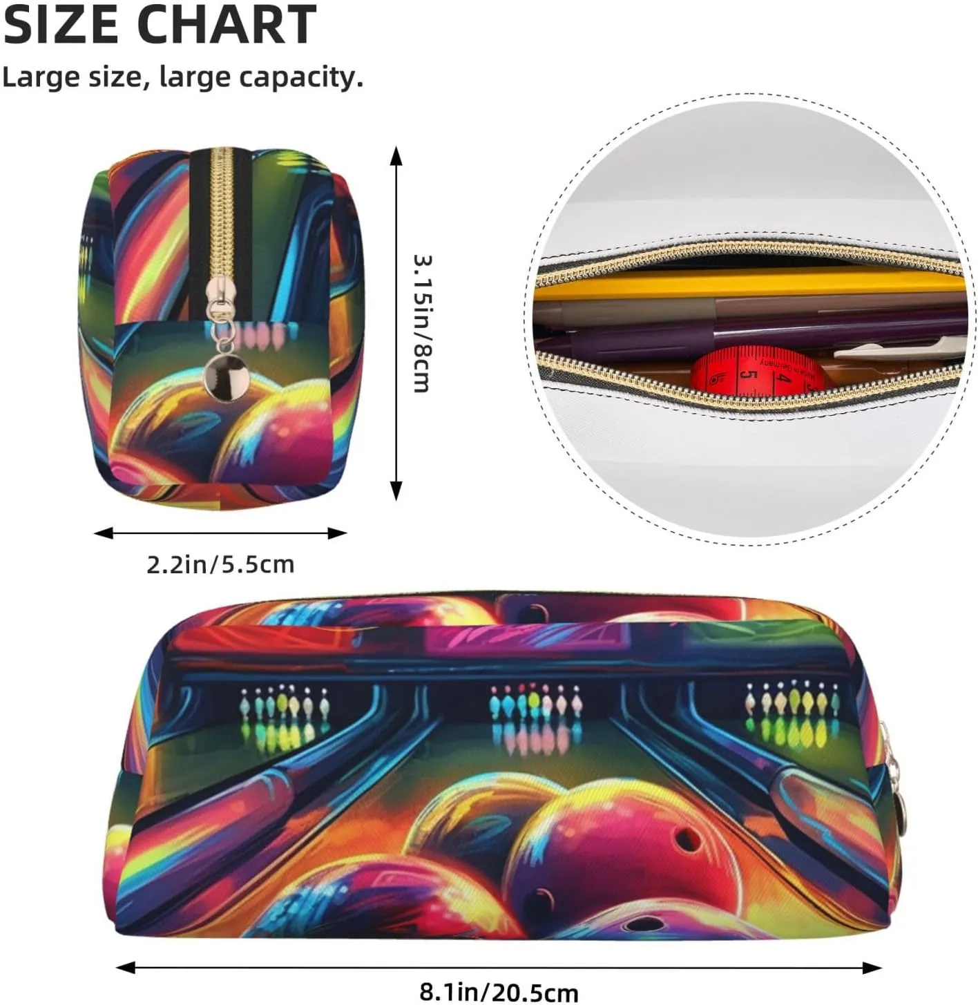 Bowling Balls Makeup Bag Travel Cosmetic Bag for Women Men Pencil Case Zipper Toiletry Bag Purse