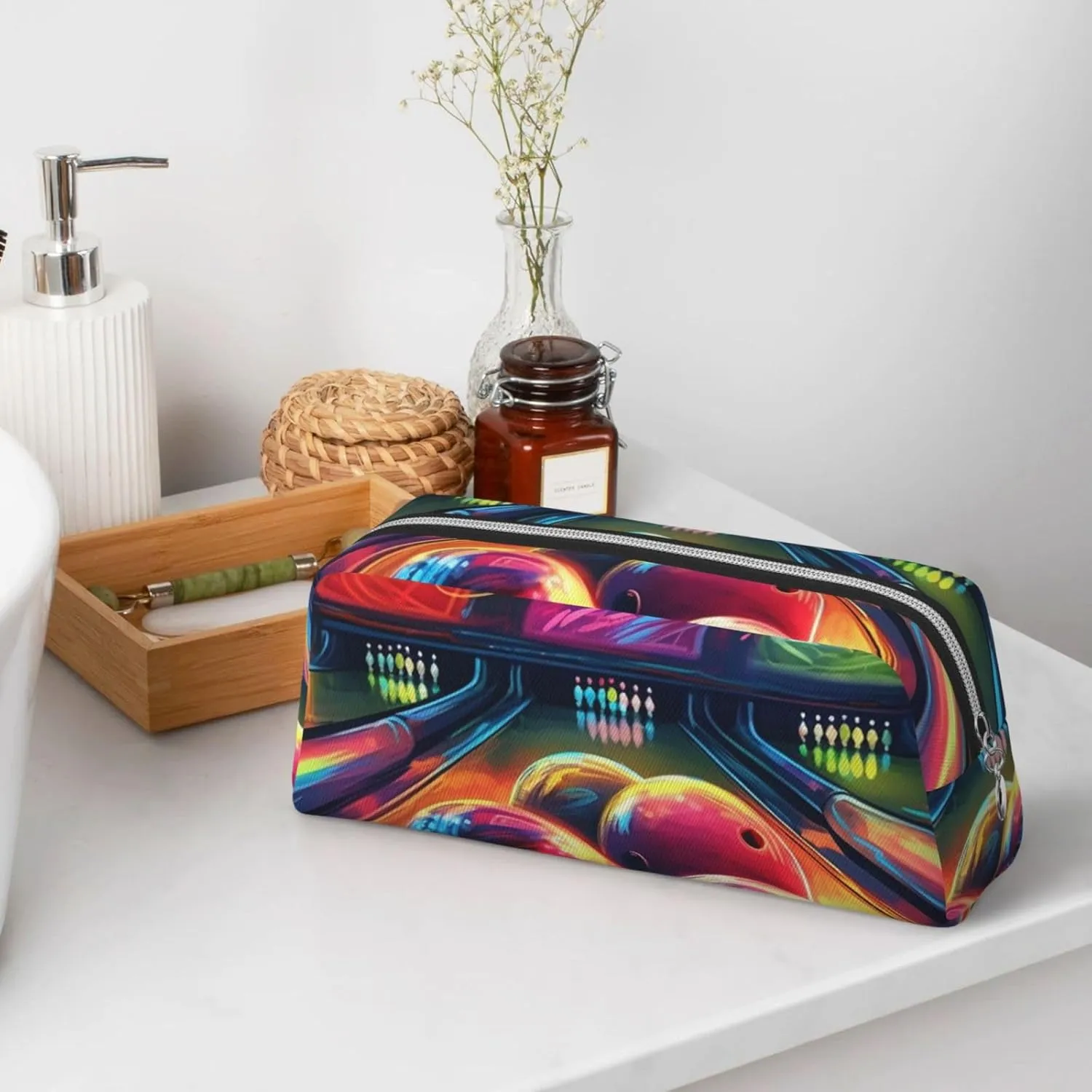 Bowling Balls Makeup Bag Travel Cosmetic Bag for Women Men Pencil Case Zipper Toiletry Bag Purse