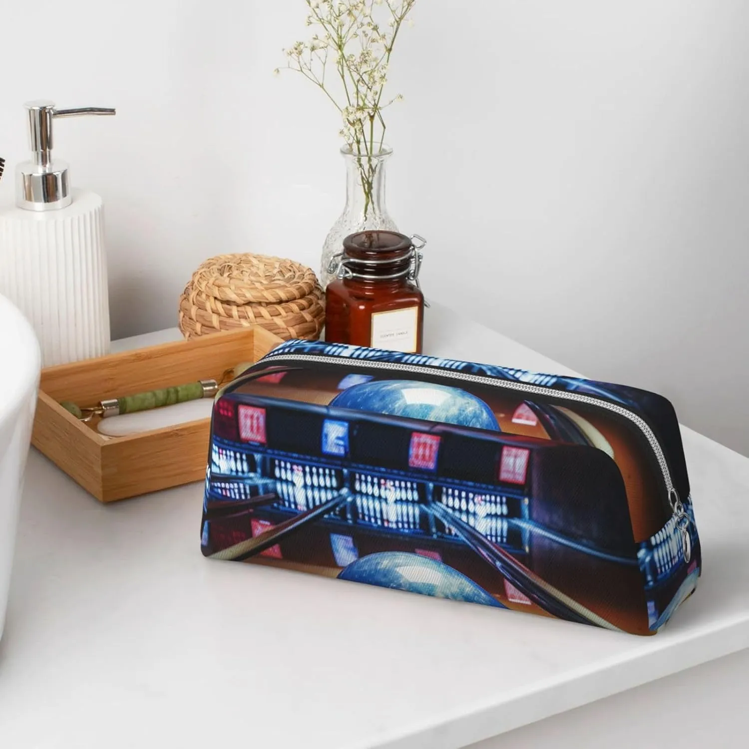Bowling Makeup Bag Travel Cosmetic Bag for Women Men Pencil Case Zipper Toiletry Bag Purse