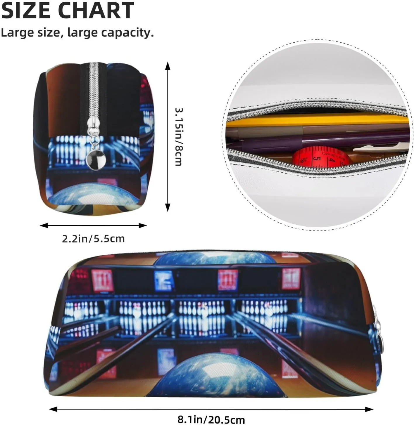Bowling Makeup Bag Travel Cosmetic Bag for Women Men Pencil Case Zipper Toiletry Bag Purse