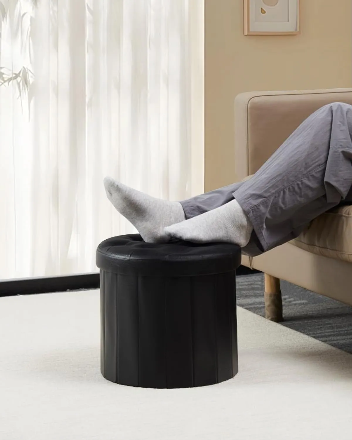 Bsketa® Folding Storage Ottoman round 14" X 14" X 13"Inch, Foot Stool with Thicker Foam Padded Seat Small Leather Storage Ottoman Bench Foot Rest for Living Room Foldable Pouf Coffee Table,Black