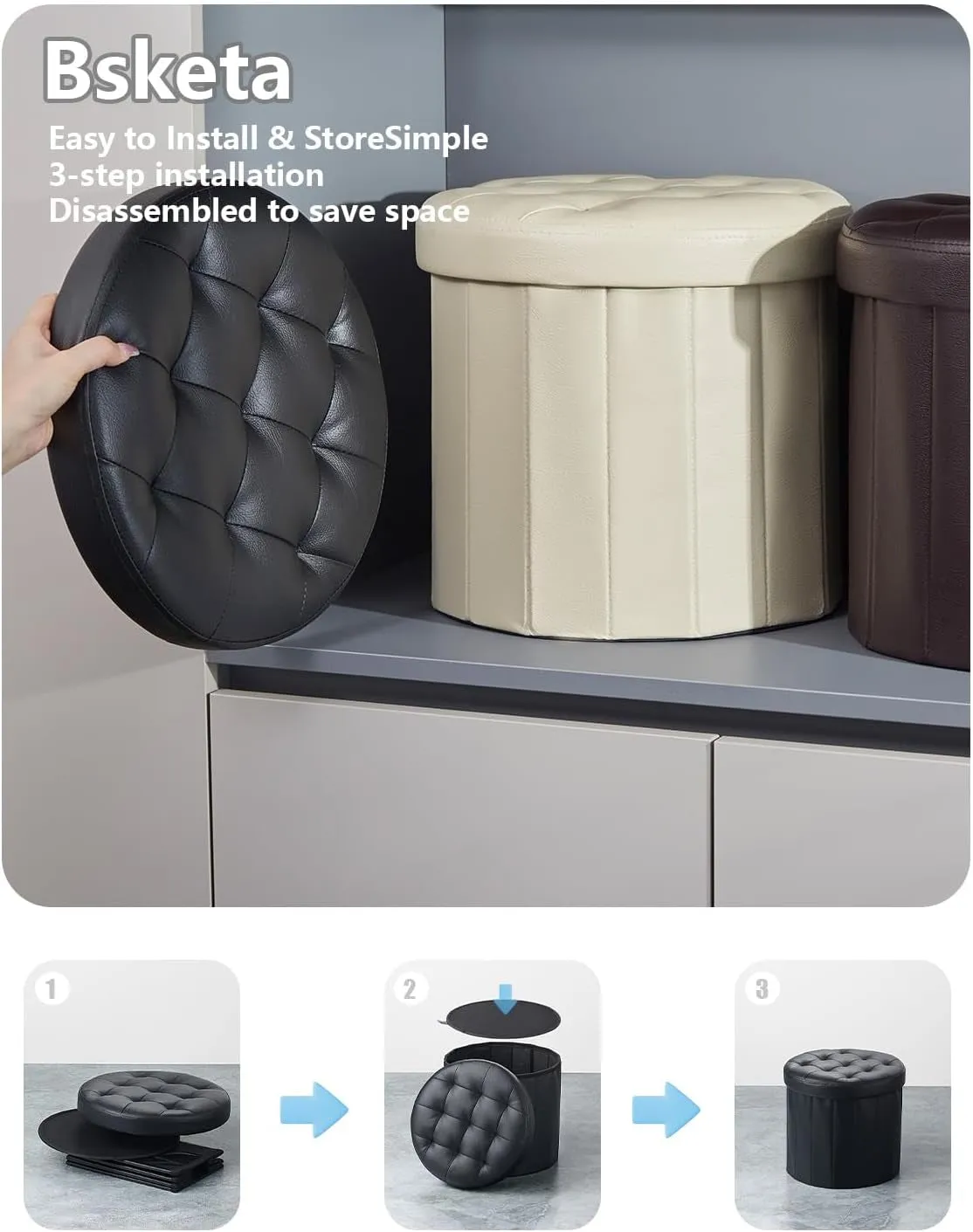 Bsketa® Folding Storage Ottoman round 14" X 14" X 13"Inch, Foot Stool with Thicker Foam Padded Seat Small Leather Storage Ottoman Bench Foot Rest for Living Room Foldable Pouf Coffee Table,Black
