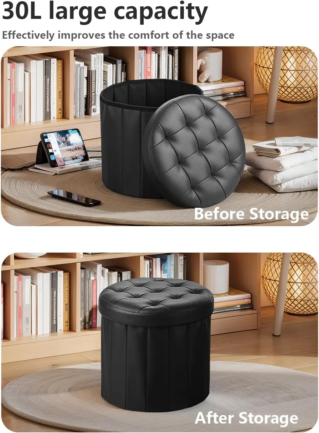 Bsketa® Folding Storage Ottoman round 14" X 14" X 13"Inch, Foot Stool with Thicker Foam Padded Seat Small Leather Storage Ottoman Bench Foot Rest for Living Room Foldable Pouf Coffee Table,Black