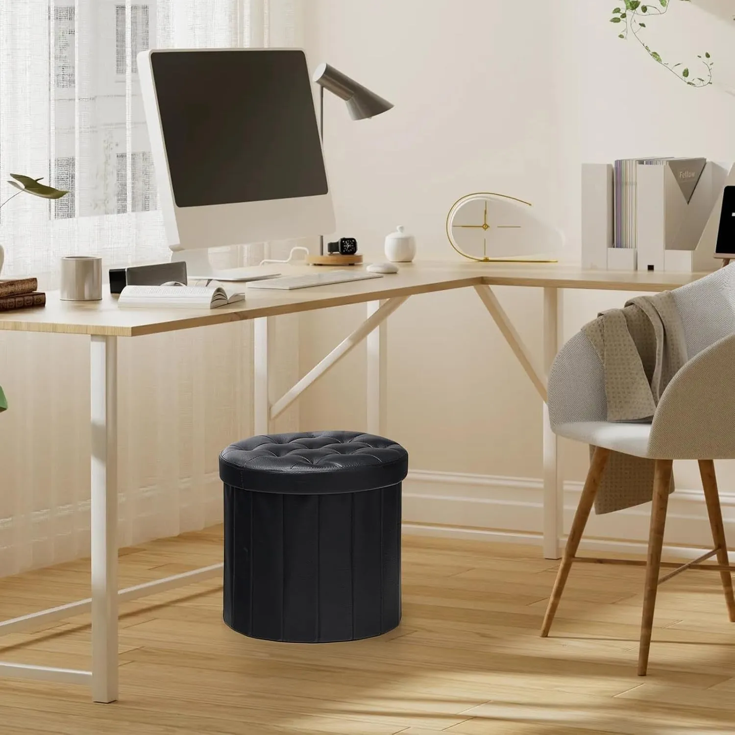 Bsketa® Folding Storage Ottoman round 14" X 14" X 13"Inch, Foot Stool with Thicker Foam Padded Seat Small Leather Storage Ottoman Bench Foot Rest for Living Room Foldable Pouf Coffee Table,Black