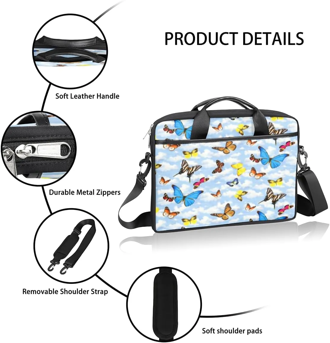 Butterfly Light Blue Laptop Bag for Men Women 13-15 Inch Case Bags Sleeve Shoulder with Anti Slip Removable The Pad Straps