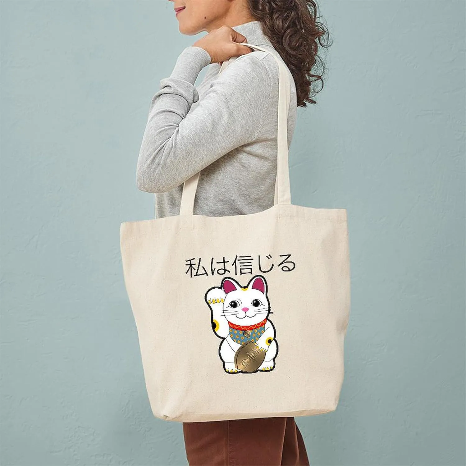 CafePress Lucky Cat Tote Bag Natural Canvas Tote Bag, Reusable Shopping Bag