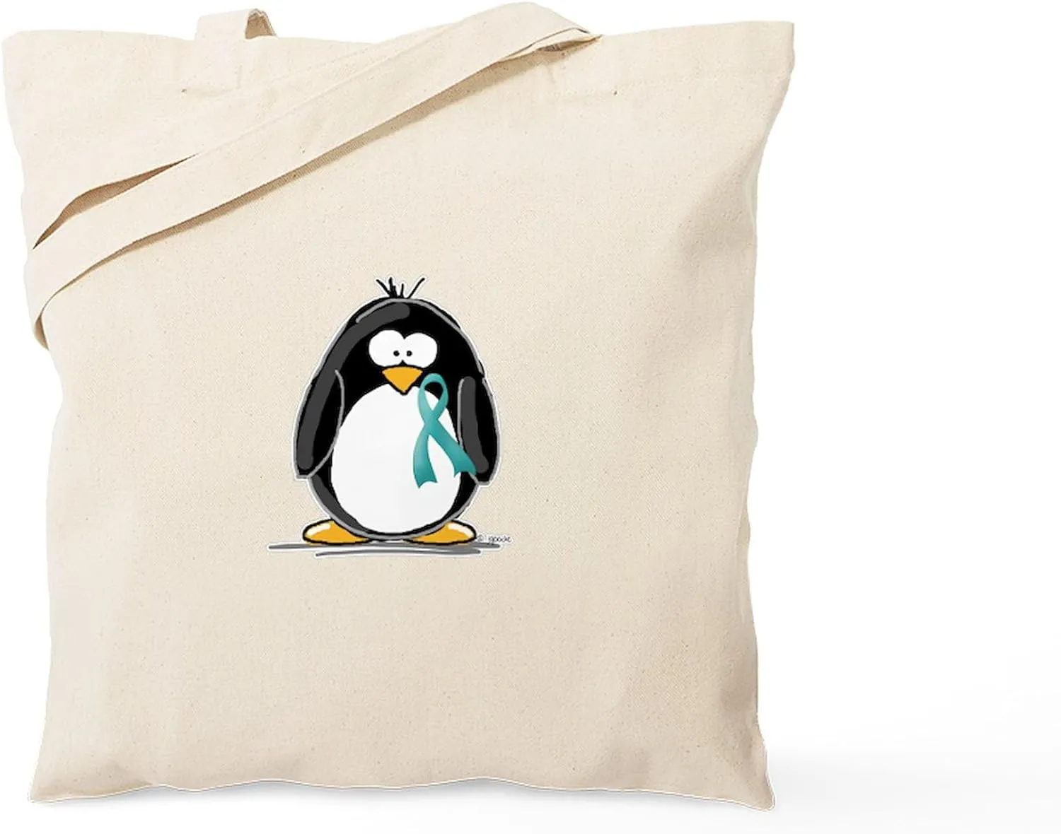 CafePress Teal Ribbon Penguin Tote Bag Natural Canvas Tote Bag, Reusable Shopping Bag
