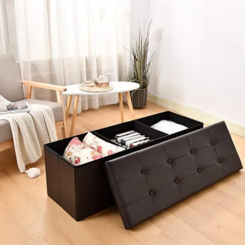 Camabel Folding Ottoman Storage Bench Cube 44 inch Hold up 700lbs Faux Leather Long Chest with Memory Foam Brown Model Number BG406