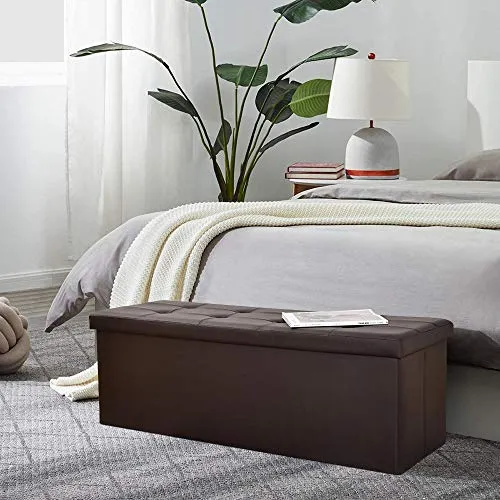 Camabel Folding Ottoman Storage Bench Cube 44 inch Hold up 700lbs Faux Leather Long Chest with Memory Foam Brown Model Number BG406