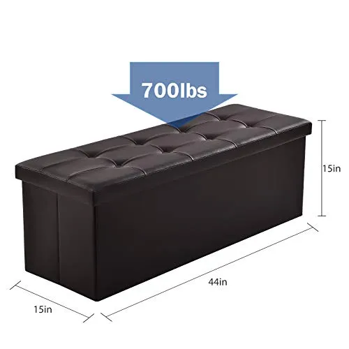 Camabel Folding Ottoman Storage Bench Cube 44 inch Hold up 700lbs Faux Leather Long Chest with Memory Foam Brown Model Number BG406