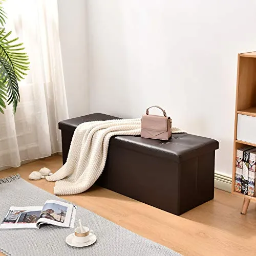 Camabel Folding Ottoman Storage Bench Cube 44 inch Hold up 700lbs Faux Leather Long Chest with Memory Foam Brown Model Number BG406