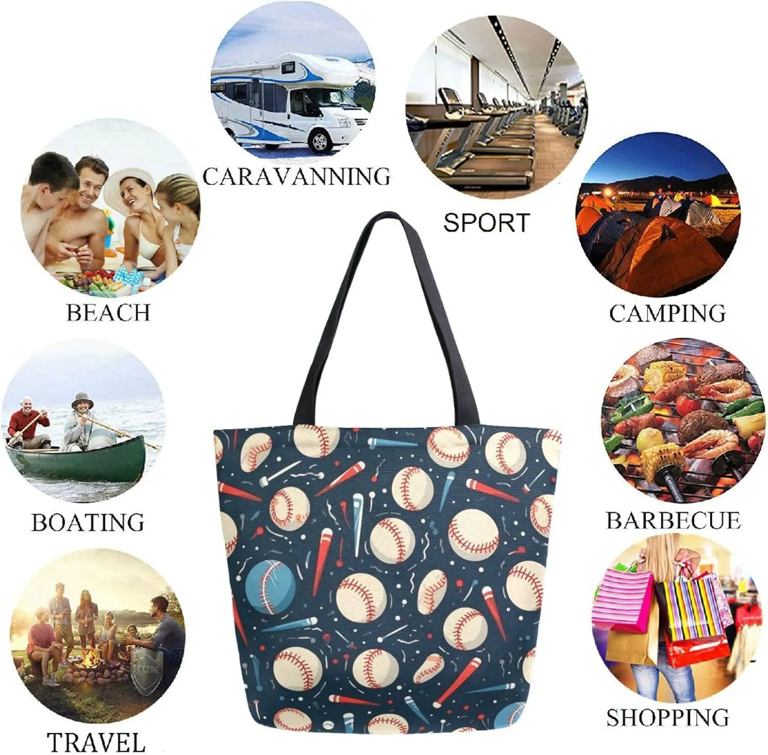 Chic Extra Large Shoulder Grocery Tote Bag, Baseball Pattern Sport Canvas Daily Gym Weekender Beach Travel Kitchen Reusable Market Shopping Handle Bag