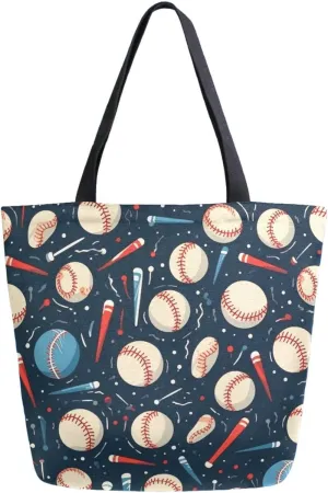 Chic Extra Large Shoulder Grocery Tote Bag, Baseball Pattern Sport Canvas Daily Gym Weekender Beach Travel Kitchen Reusable Market Shopping Handle Bag