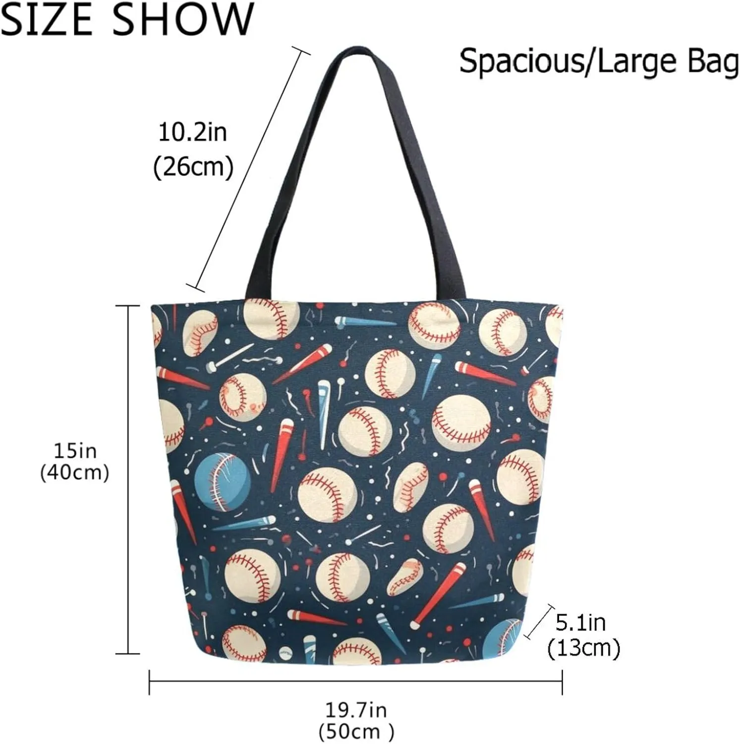 Chic Extra Large Shoulder Grocery Tote Bag, Baseball Pattern Sport Canvas Daily Gym Weekender Beach Travel Kitchen Reusable Market Shopping Handle Bag