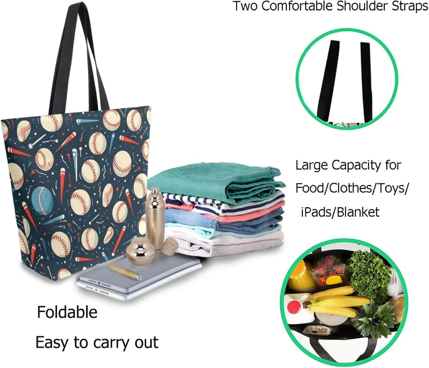 Chic Extra Large Shoulder Grocery Tote Bag, Baseball Pattern Sport Canvas Daily Gym Weekender Beach Travel Kitchen Reusable Market Shopping Handle Bag
