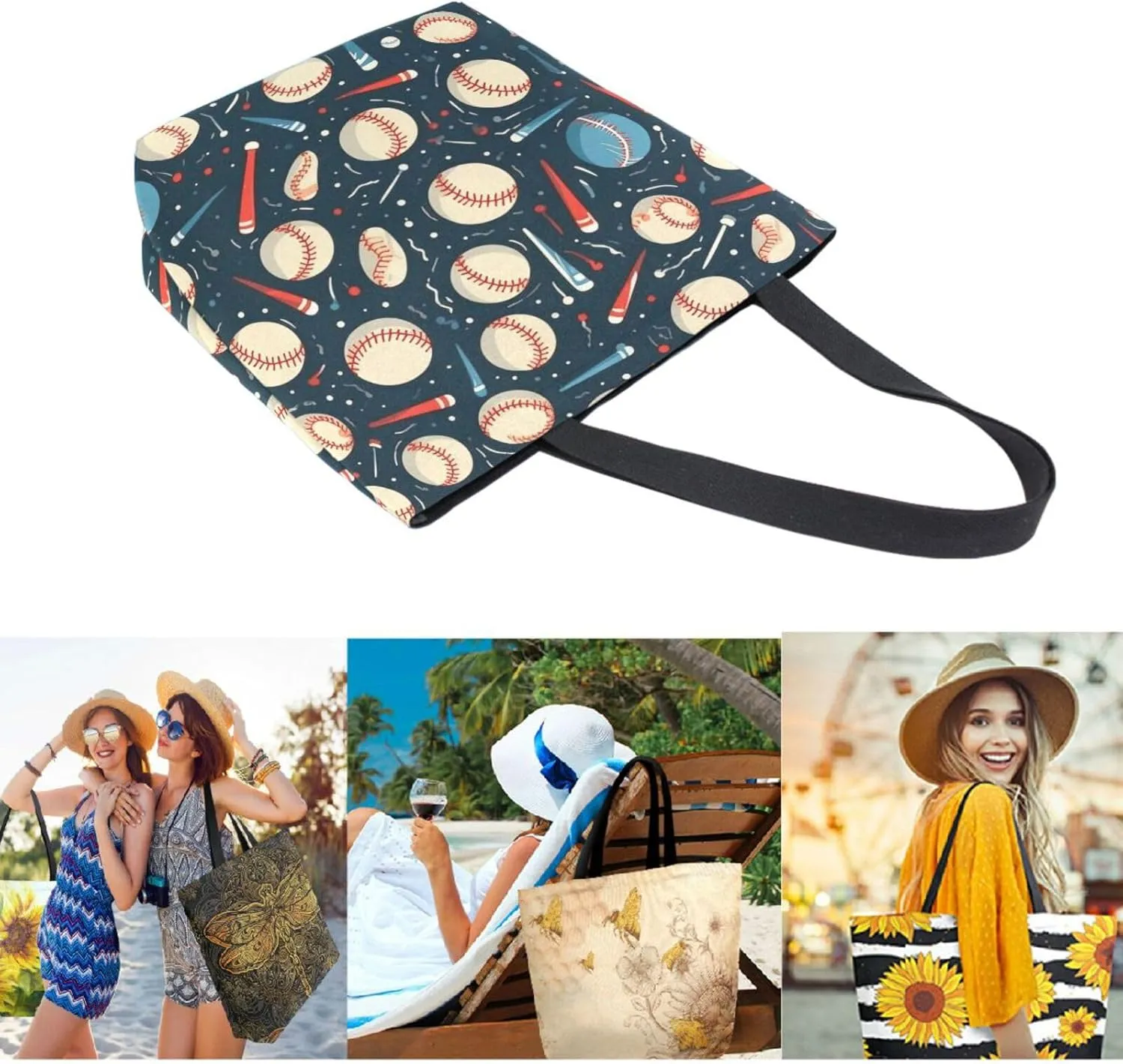 Chic Extra Large Shoulder Grocery Tote Bag, Baseball Pattern Sport Canvas Daily Gym Weekender Beach Travel Kitchen Reusable Market Shopping Handle Bag