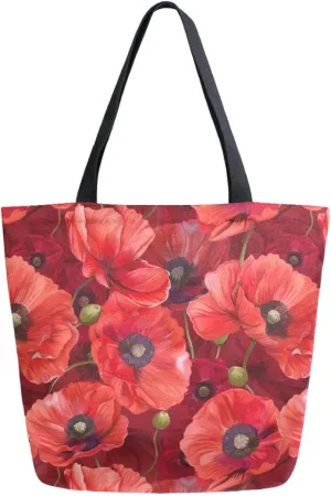 Chic Extra Large Shoulder Grocery Tote Bag, Beautiful Red Poppy Canvas Daily Handle Bag for Gym Yoga Weekender Beach Travel Picnic Kitchen Reusable Market Shopping