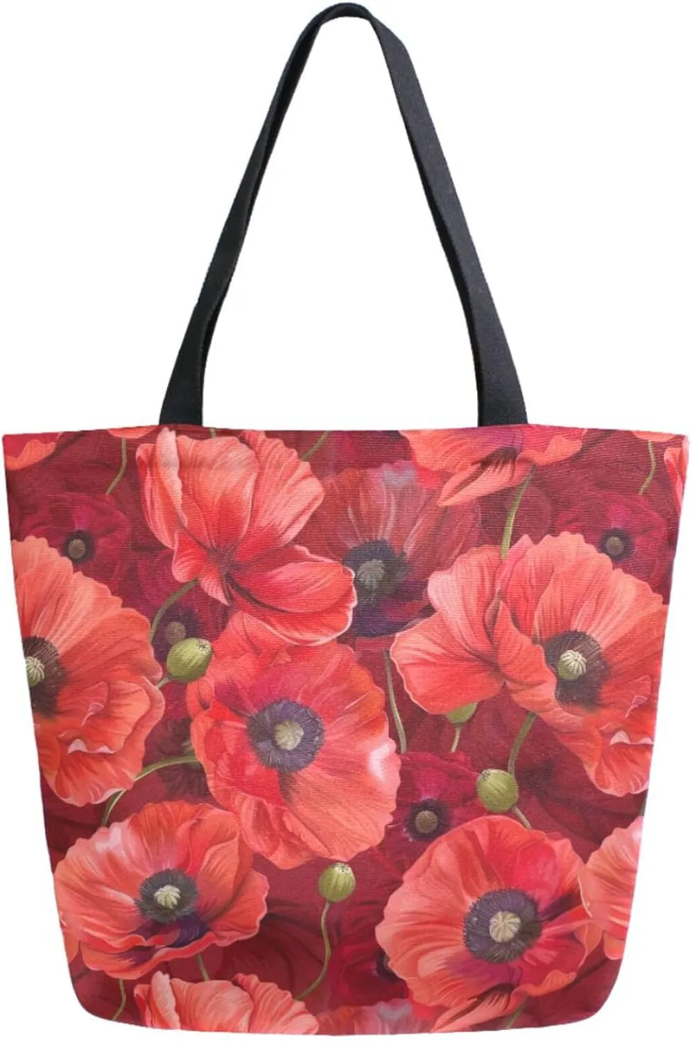 Chic Extra Large Shoulder Grocery Tote Bag, Beautiful Red Poppy Canvas Daily Handle Bag for Gym Yoga Weekender Beach Travel Picnic Kitchen Reusable Market Shopping