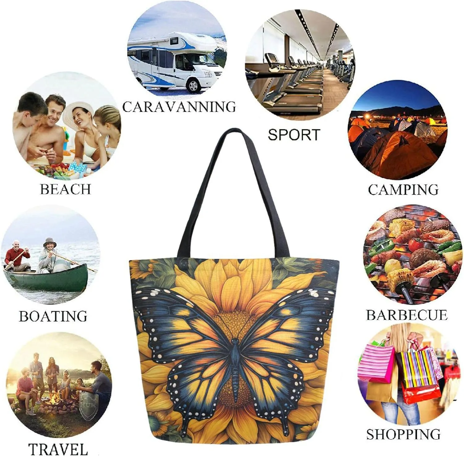 Chic Extra Large Shoulder Grocery Tote Bag, Beautiful Sunflower Butterfly Art Painting Canvas Daily Gym Weekender Beach Travel Kitchen Reusable Market Shopping Handle Bag