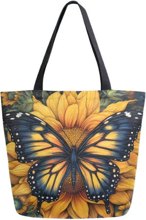 Chic Extra Large Shoulder Grocery Tote Bag, Beautiful Sunflower Butterfly Art Painting Canvas Daily Gym Weekender Beach Travel Kitchen Reusable Market Shopping Handle Bag