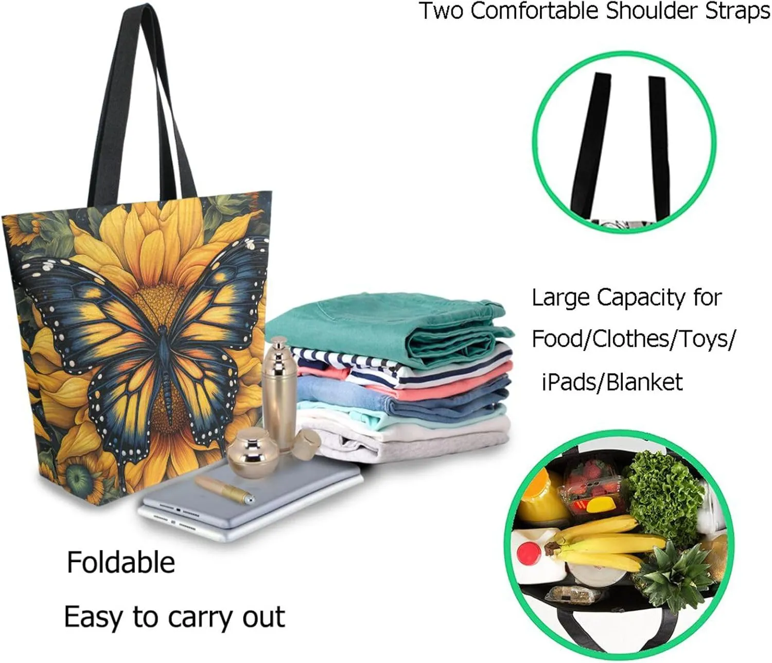 Chic Extra Large Shoulder Grocery Tote Bag, Beautiful Sunflower Butterfly Art Painting Canvas Daily Gym Weekender Beach Travel Kitchen Reusable Market Shopping Handle Bag