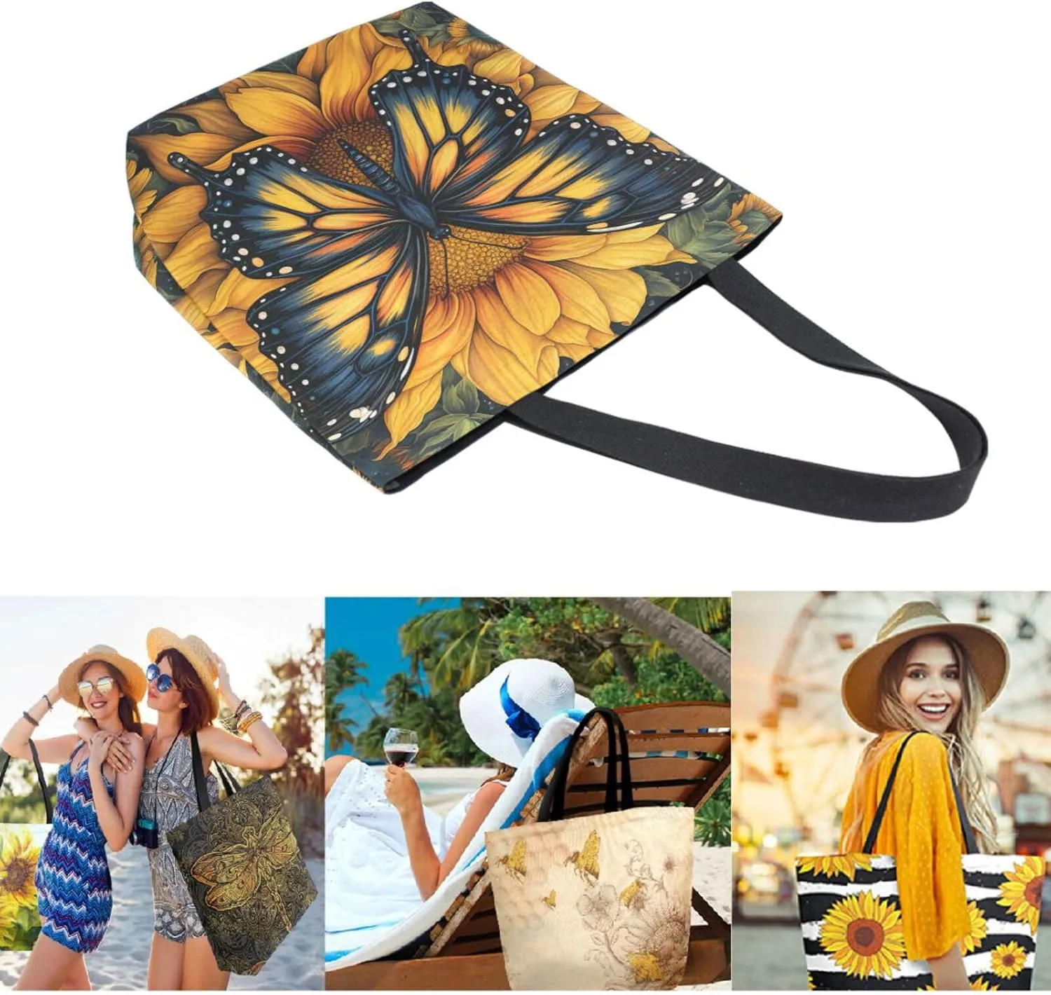 Chic Extra Large Shoulder Grocery Tote Bag, Beautiful Sunflower Butterfly Art Painting Canvas Daily Gym Weekender Beach Travel Kitchen Reusable Market Shopping Handle Bag