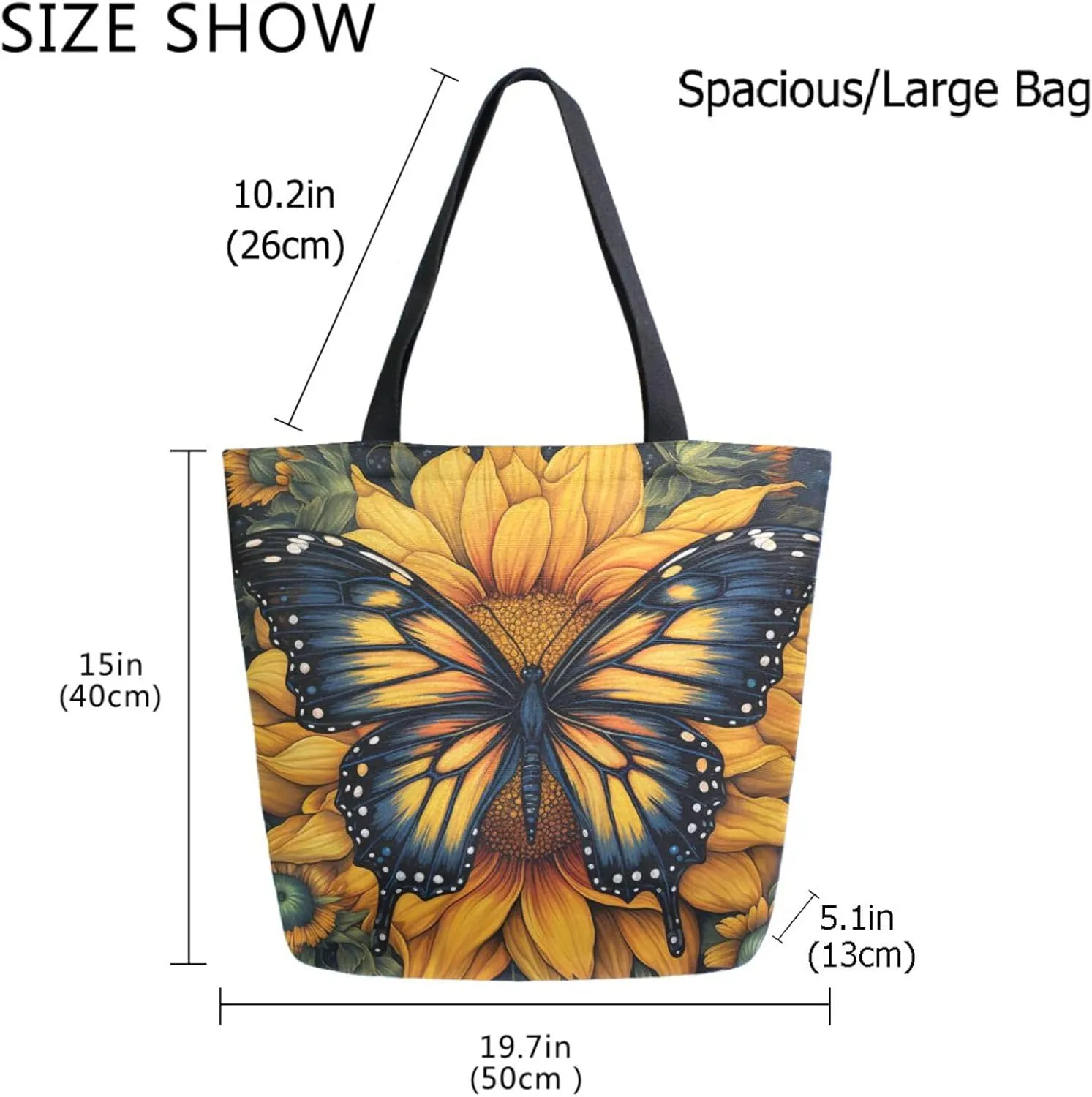 Chic Extra Large Shoulder Grocery Tote Bag, Beautiful Sunflower Butterfly Art Painting Canvas Daily Gym Weekender Beach Travel Kitchen Reusable Market Shopping Handle Bag