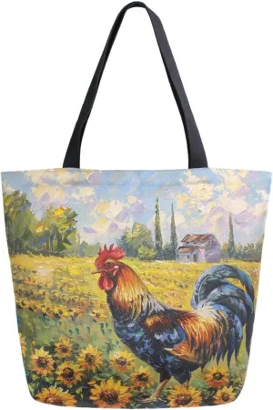 Chic Extra Large Shoulder Grocery Tote Bag, Farm Rural Beautiful Rooster Sunflowers Canvas Daily Gym Weekender Beach Travel Kitchen Reusable Market Shopping Handle Bag